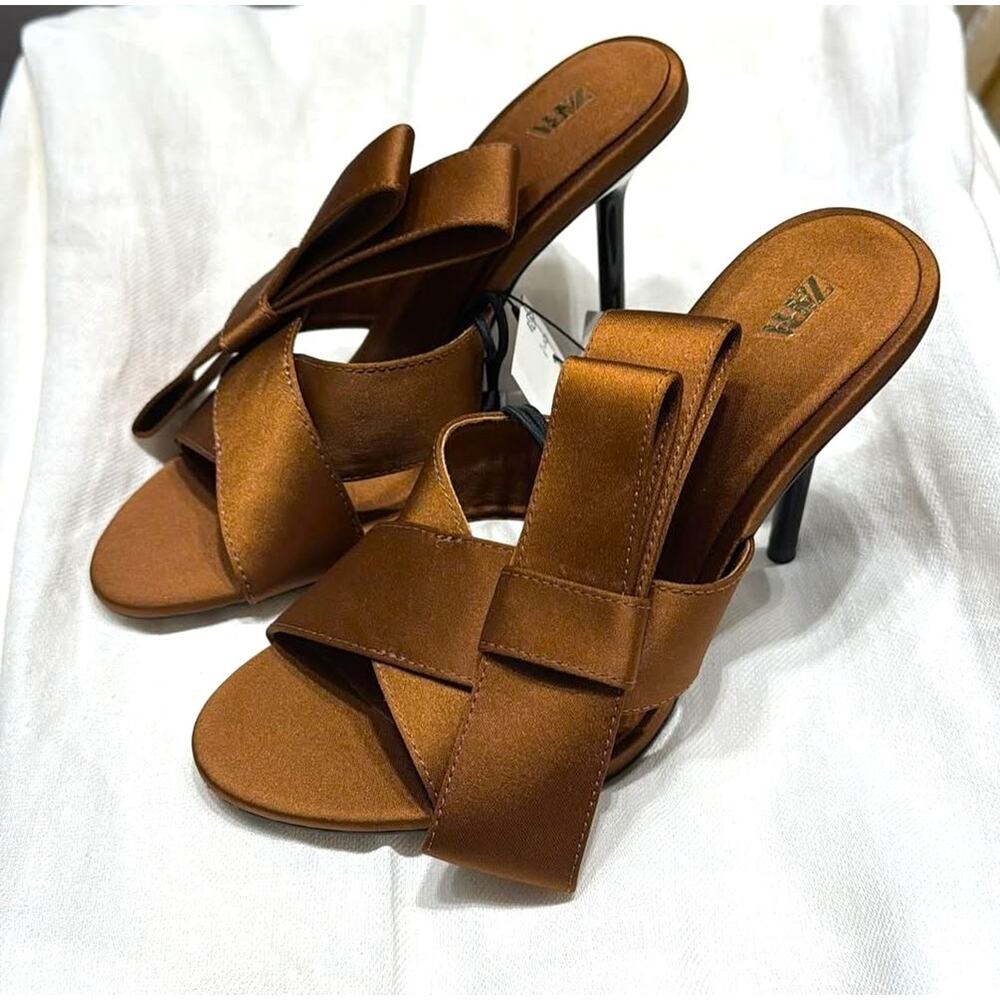 ZARA Satin Brown Heels NWT | Crossover Strap with Bow Detail - Picture 9 of 16
